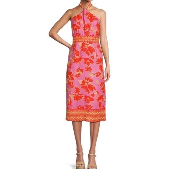 Antonio Melani Naomi Mandarin Floral Printed Linen Halter Dress Pink Orange $189 - Picture 1 of 15